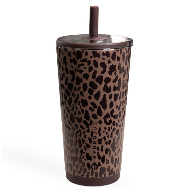 HydroJug Everyday Tumbler 20 oz – Ceramic-Lined Insulated Tumbler with Straw and Soft-Touch Lid, Cup Holder Friendly, Double-Wall Vacuum Insulation, Reusable Travel Cup – Brown Leopard