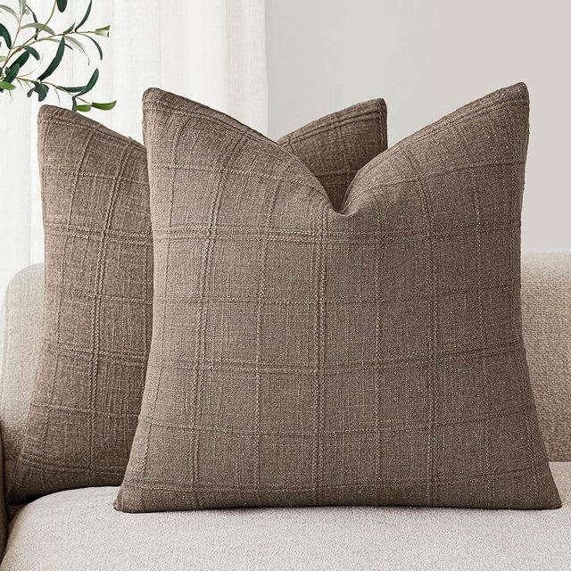 Foindtower Set of 2 Decorative Linen Check Throw Pillow Covers Neutral Farmhouse Vintage Cushion Covers Modern Boho Home Decor for Sofa Chair Couch Bedroom Living Room,26×26 Inch,Taupe Grey