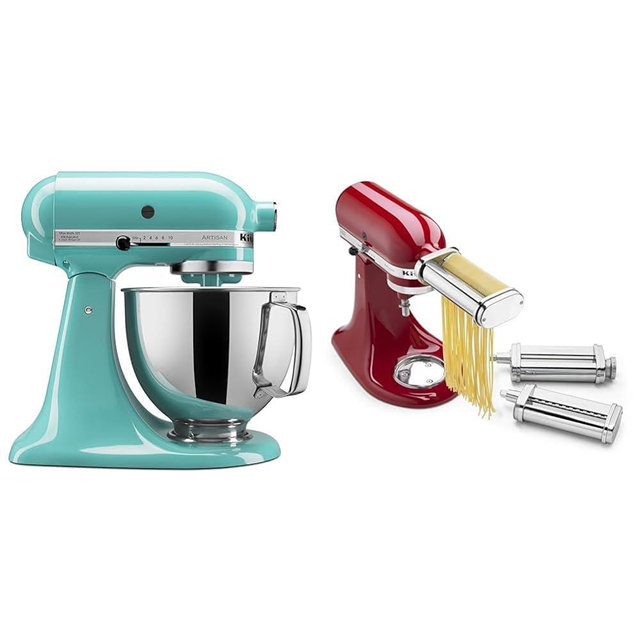 KitchenAid Artisan Series 5 Quart Tilt Head Stand Mixer with Pouring Shield KSM150PS, Removable bowl, Aqua Sky & KSMPRA Stand Mixer Attachment Pasta Roller & Cutter, 3-Piece Set, Stainless Steel