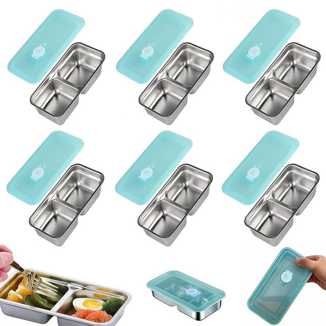 Ayland Grab and Go Snack Containers Reusable, 6 Pcs Stainless Steel Double Compartment Snack Containers, Dishwasher- Reusable Condiment with Lids for Snacks Dips and Outdoor Camping