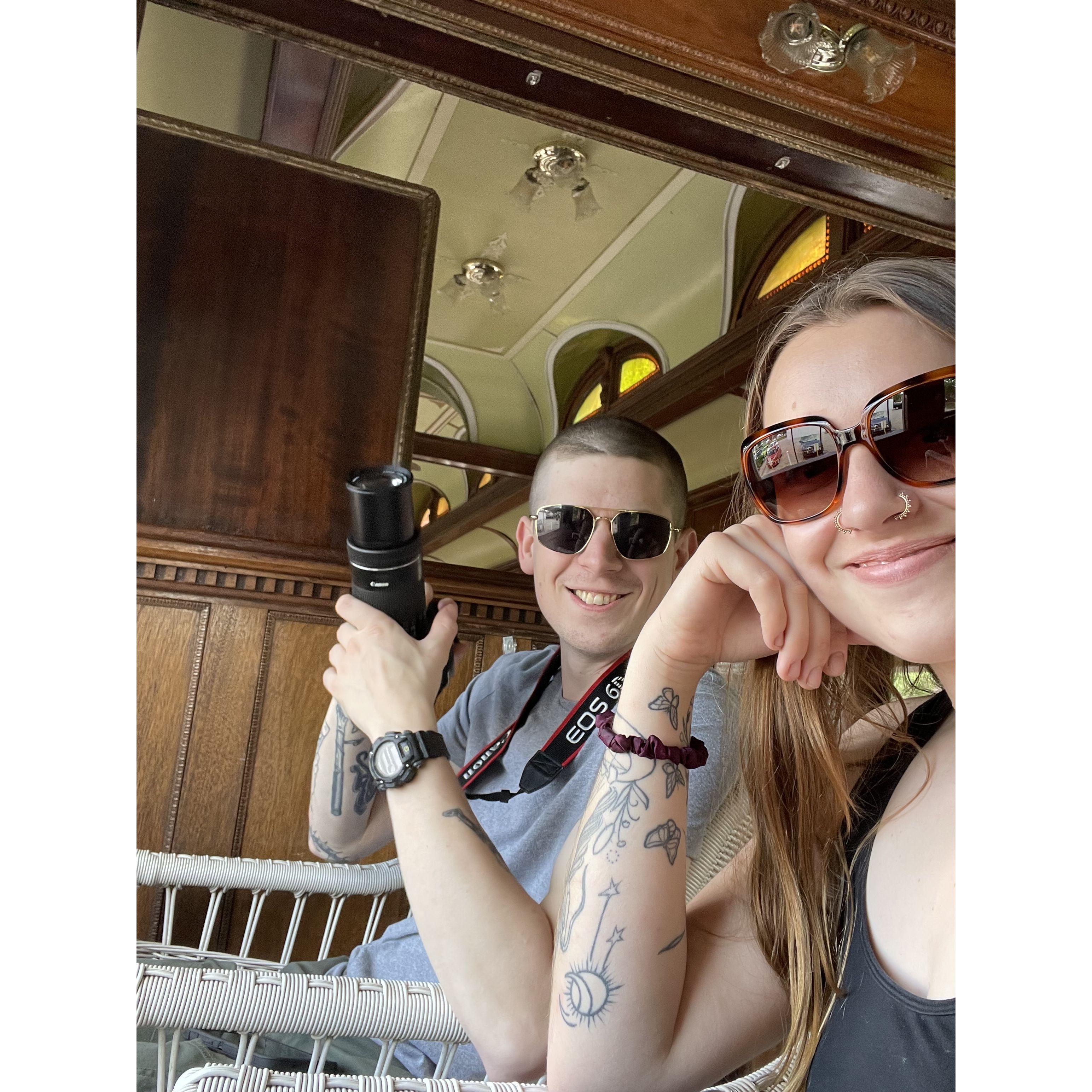 Us having the time of our lives riding an antique train in New Hampshire. Iykyk!