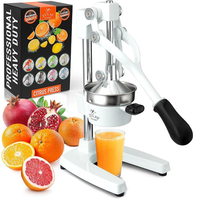 Zulay Kitchen Cast Iron Juicer - Easy-to-Clean Heavy-Duty Manual Juicer, Professional Citrus Juicer - Stainless Steel Lemon Squeezer - Manual Citrus Press & Orange Squeezer - Orange Juicer – White