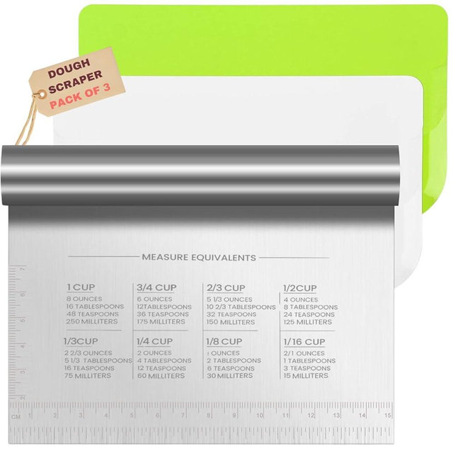 Boorika Dough Scraper Bench Scraper, 3 Pcs Stainless Steel Dough Cutter with Handle and Measuring Scale Plastic Shape Spatulas for Pizza Pastry Bread Baking & Griddle Scraper