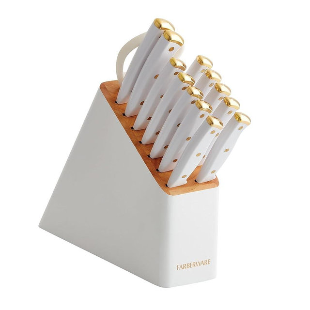 Farberware Triple Riveted Slim Block Cutlery Set, 14-Piece, White and Gold
