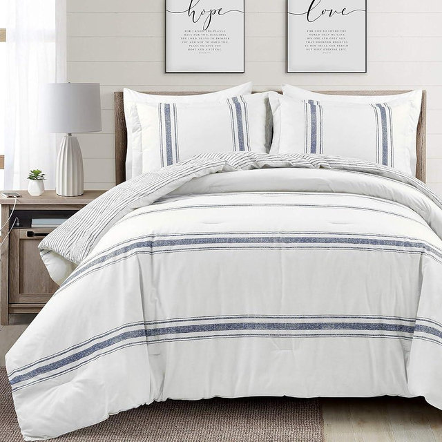 Lush Decor Farmhouse Stripe Reversible Cotton Comforter Set - 3 Piece Cozy Pinstripe Bedding Set - Classic Modern Rustic Charm Bedroom Decor - Full/ Queen, Navy