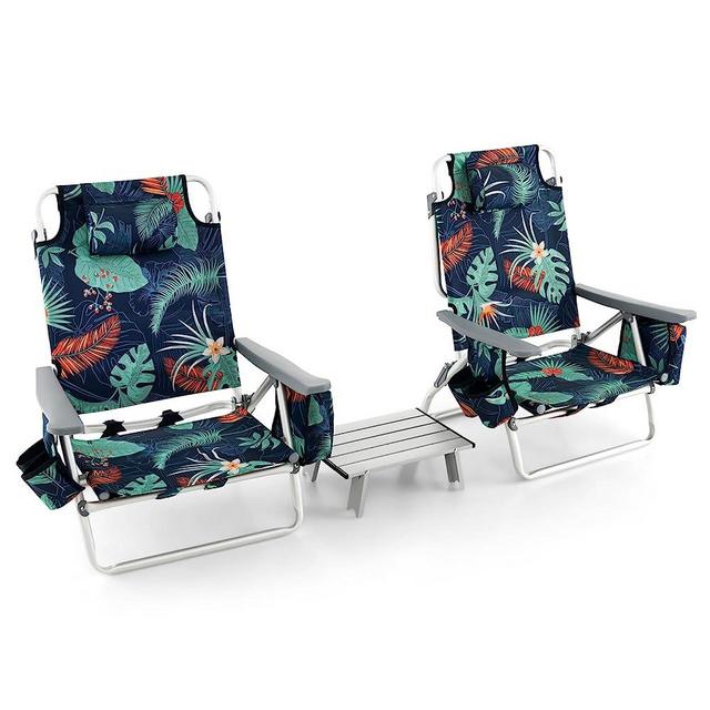 Goplus Backpack Beach Chairs, 3 Pcs Portable Camping Chairs with Cool Bag and Cup Holder, 5-Position Outdoor Reclining Chairs for Sunbathing, Fishing, Travelling (Palm Tree Green, with Side Table)