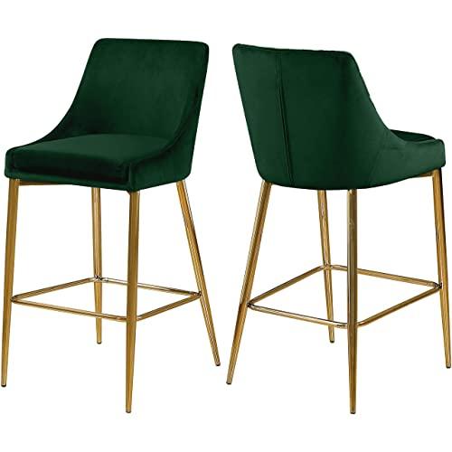Meridian Furniture Karina Collection Modern | Contemporary Velvet Upholstered Counter Stool with Polished Gold Metal Legs and Foot Rest, Set of 2, Green