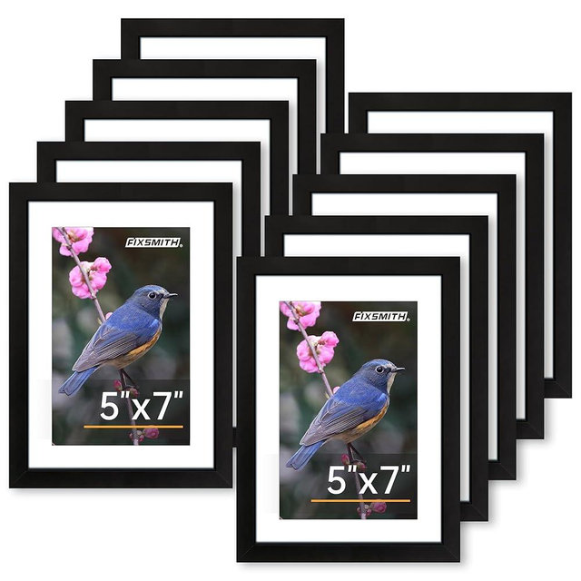 FIXSMITH 5x7 Picture Frame Set of 10, Photo Frame Bulk with HD Plexiglass, Display Pictures 4x6 with Mat or 5x7 Without Mat Multi Picture Frames Collage for Tabletop or Wall Display, Black