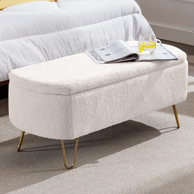 Sudwesto Modern Storage Ottoman Bench, Vintage Boucle Upholstered Entryway Bench, End of Bed Bench with Gold Legs, Padded Bench with Storage for Living Room, Bedroom, Entryway (Ivory)