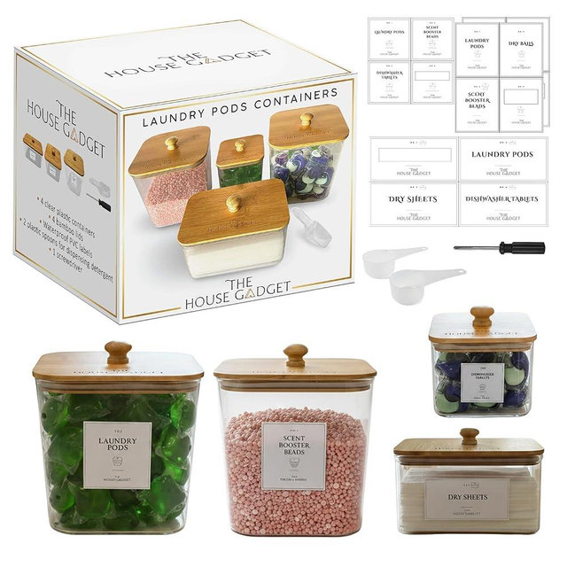 TheHouseGadget Laundry Pods Storage Container, Clear Laundry Room Organization and Storage,Detergent Powder Container,with Wooden Lids & Labels, 4 Pack