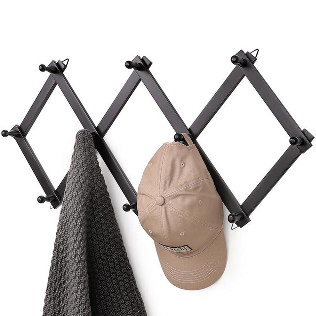 SCUNDA Wall Rack with 10 Hooks, Wooden Wall Expandable Coat Rack for Coat, Hats, Baseball Caps, Coffee Mug, Jewelry(Black)