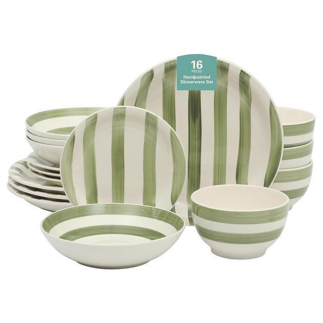 Gibson Home Kenwood Shores 16 Piece Dinnerware Set, Green Striped, Hand-Painted Stoneware, Plates and Bowls, Service for 4, Microwave & Dishwasher Safe