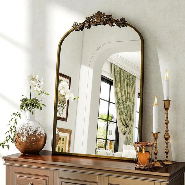 BEAUTYPEAK 26x38 Arched Mirror, Gold Traditional Vintage Ornate Baroque Wall Mirror for Bathroom, Bedroom, Hallway, or Fireplace Decor