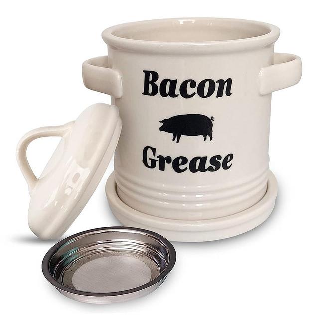 Ceramic Bacon Grease Container With Strainer Lid and Removable Grease Catcher Tray, Bacon Bin | Farmhouse Home Kitchen Decor Porcelain Filter Kitchen Acessories Oil Hardener Cooked Fat Separator - 32OZ