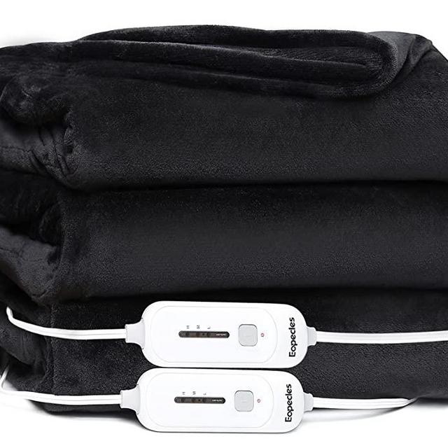 Eopecles Dual Control Electric Blanket Heated Throw, 90"x100" Reversible Flannel, with 8 Hours of Auto-Off & 3 Heating Levels and ETL Certification, Home Office Use & Machine Washable, Black