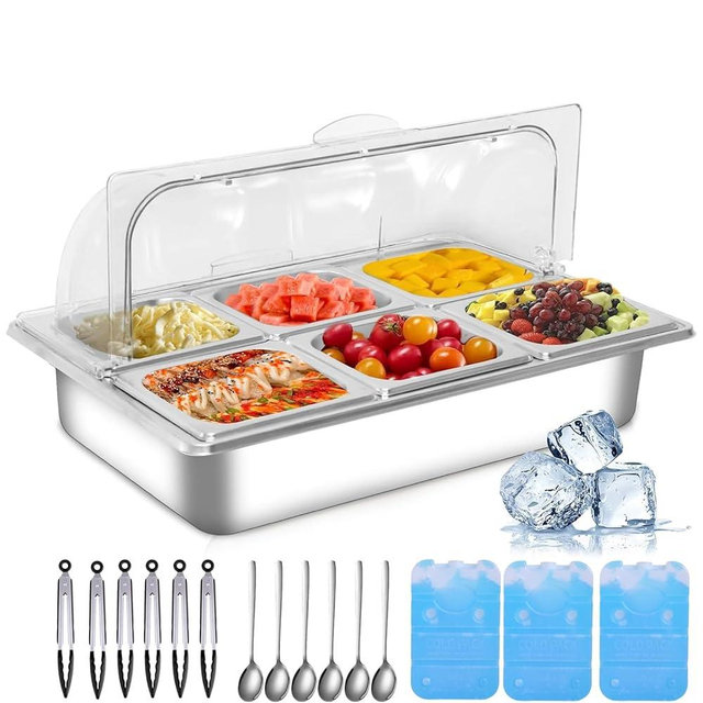 Countertop Ice Food Serving Display Tray with 6 Pan, Portable Salad Bar Buffet Station for Home, Cold Food Buffet Server, Ice Serving Trays for Parties, Pizza Topping Station Cooling Trays for Food