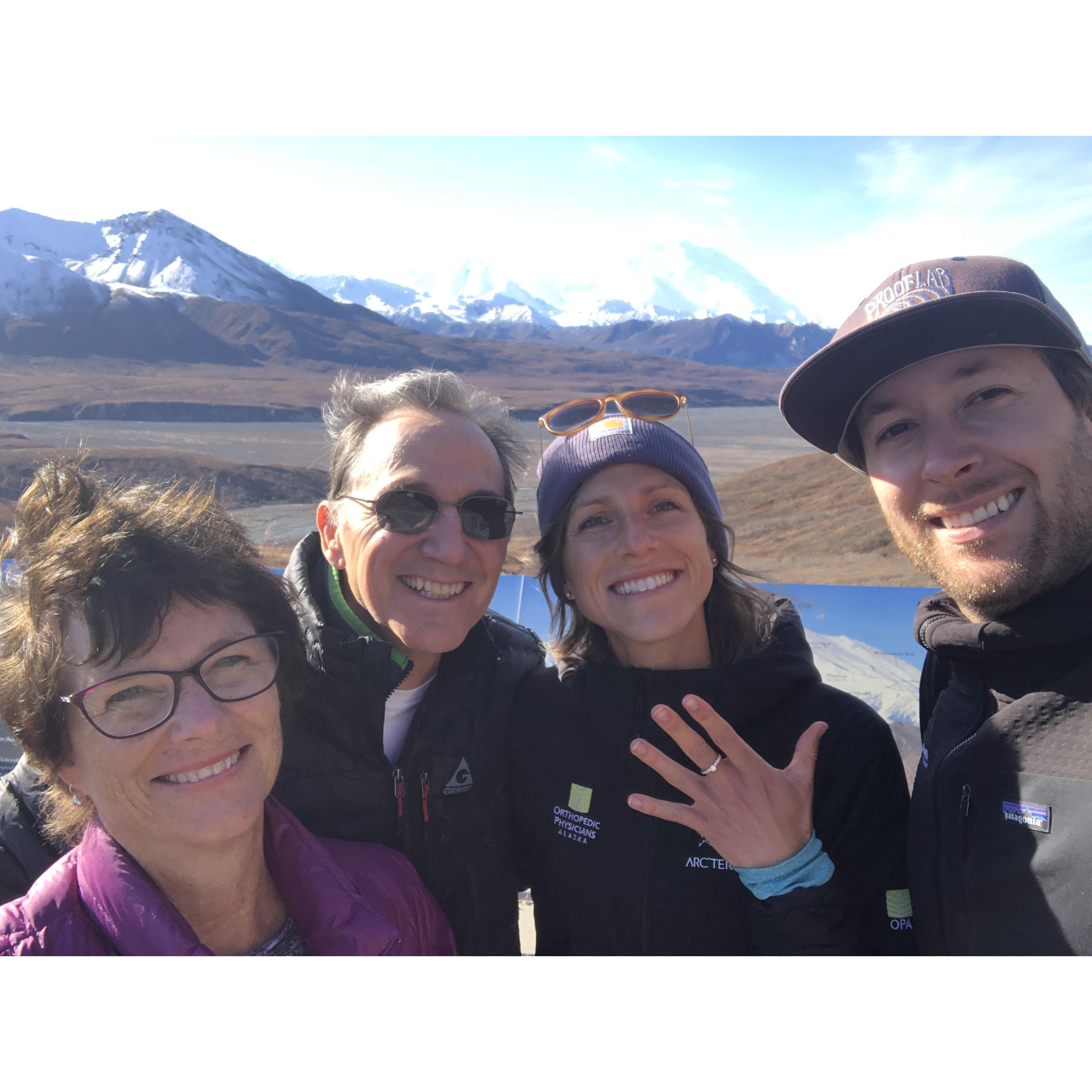 In Denali, on the road lottery, just after the proposal! Gloria's mom got selected, and we were able to take a personal vehicle along the park road. Lot's of moose, bear, sheep, and caribou!