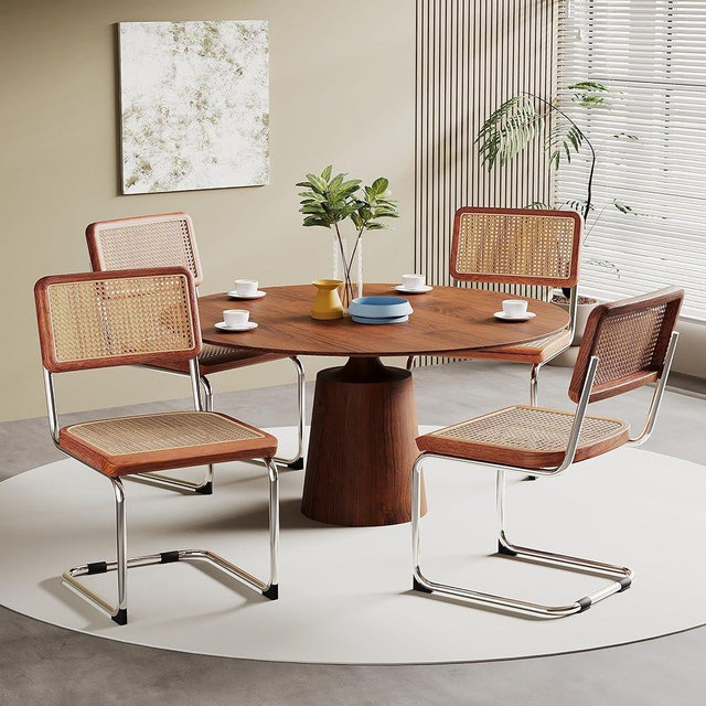 Alunaune Mid Century Modern Dining Chairs Set of 4, Upholstered Natural Rattan Kitchen Chairs Accent Chair, Armless Side Chairs with Metal Chrome Legs for Bedroom Living Room-Rattan Seat