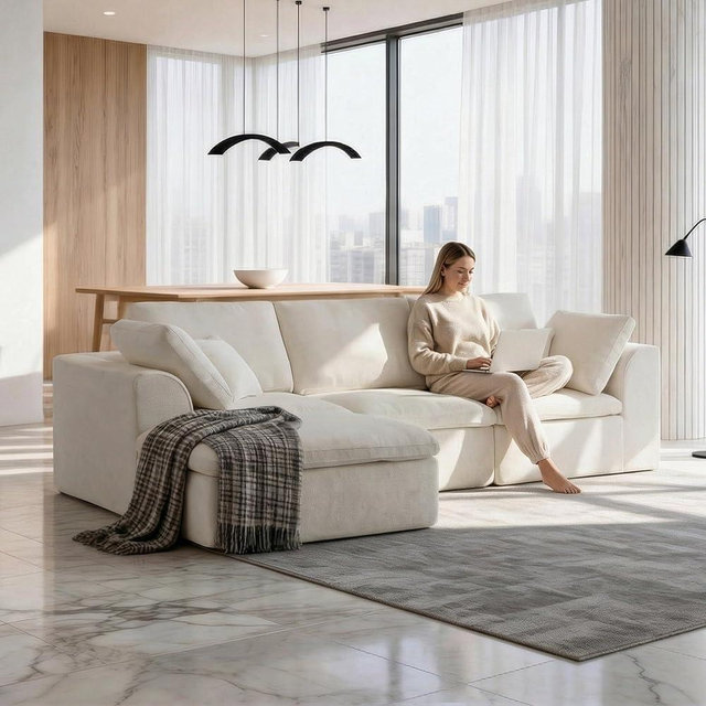 Wiageot Boneless Couch with Ottoman, 110" L-Shaped Cloud Sectional Sofa, Modular Convertible Cloud Couch for Living Room, Deep Seat Chenille Set (Beige, 3 Seater + 1 Ottoman)
