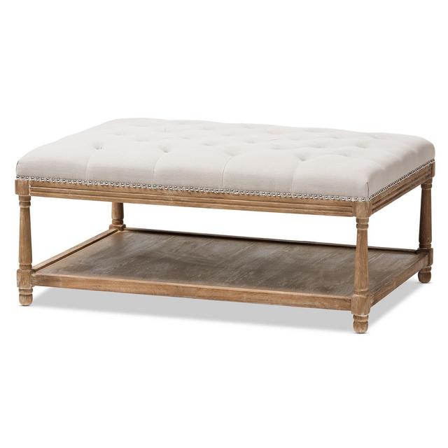 Carlotta French Country Weathered Oak Linen Rectangular Coffee Table Ottoman Beige - Baxton Studio