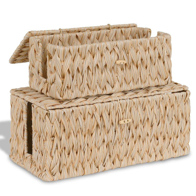 efluky 2 Pack Plastic Cable Management Boxes, Hand-Woven Cord Organizer Box with Lid, 2 Open Slots Cable Organizer Basket to Hide Power Strip and Charger for Home & Office and Dorm,Natural