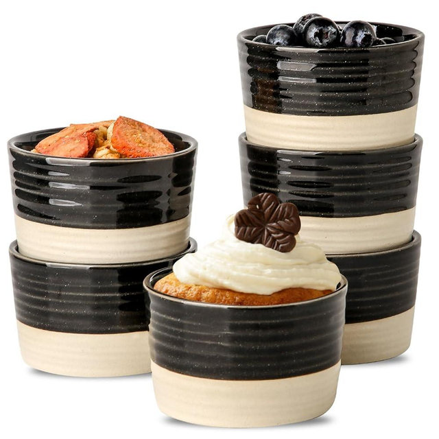 Hasense Ramekins 8 oz, Ceramic Creme Brulee Souffle Ramekins Set of 6, Baking Dishes Oven Safe, Mini Bowls for Pudding, Lave Cake, Pot Pie, Dipping Sauces, Black