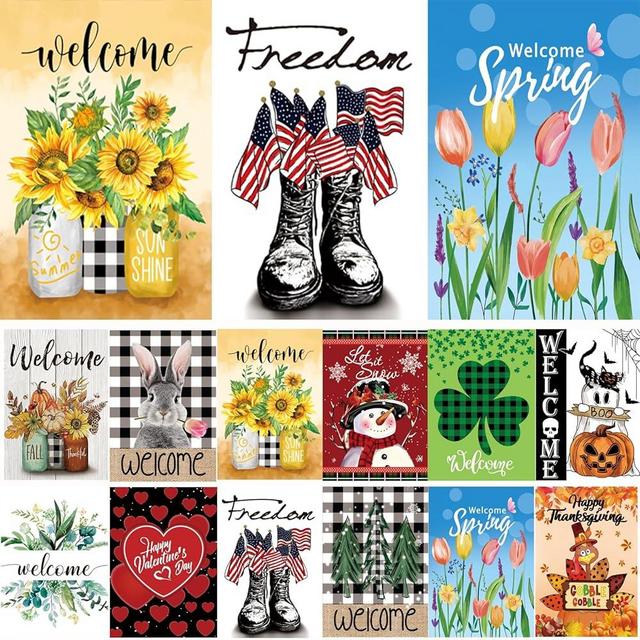 Seasonal Garden Flags Set of 12 Double Sided 12 x 18 Inch Yard Flags, Small Garden Flags for Outside, Fall Winter Halloween Christmas Outdoor Flags, Holiday Garden Flags for All Seasons