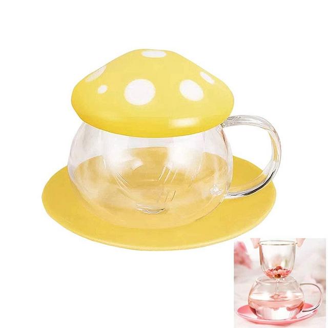 Rain House Cute Mushroom Glass Tea Cup with Infuser and Spoon, Clear Kawaii Teapot with Strainer Filter, Ceramic Lid and Coaster, Heat-Resistant for Home and Office Use, 290ML/9.6oz (Yellow)