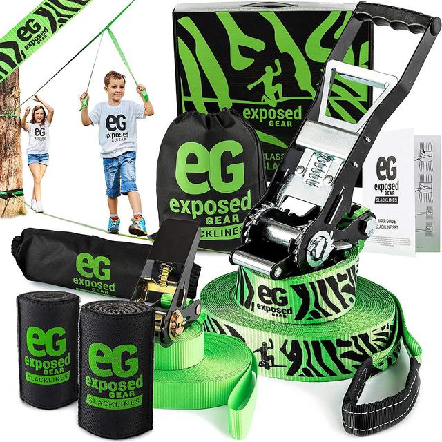 Slackline Kit 60ft with Tree Protectors, Ratchet Cover, Instructions and Carry Bag | OPTIONAL Training Line + Arm Trainer only included in GREEN Slack Line Set | Perfect Slackline For Kids and Adults
