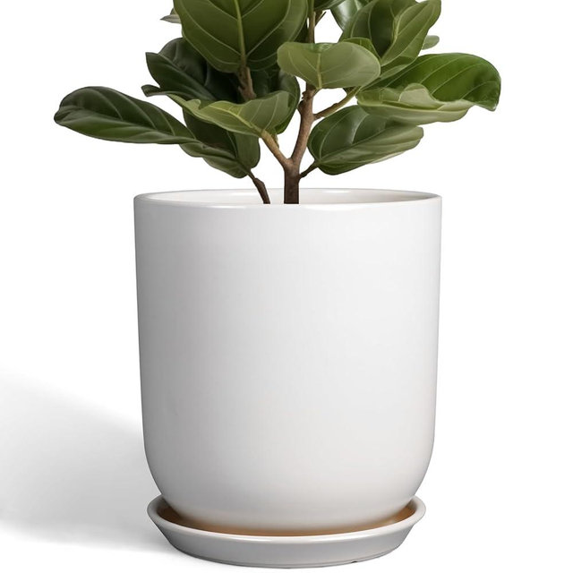 SUNPOTFOR Pots for Plants - 10 Inch Ceramic Plant Pot with Drainage Hole and Saucer Large Planter for Plants Indoor Outdoor Modern Flower Pot for Home Decor White