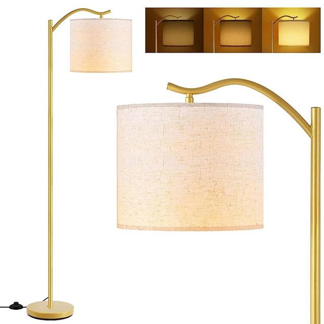 Floor Lamp for Living Room,LED Arched Floor Lamp,Tall Modern Standing Lamp with Linen Shade,3 Brightness Levels,E26 Socket, Footswitch,Montage Mid Century Floor Lamp for Bedrooms,Office ,Gold