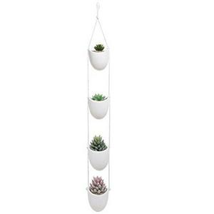 White Ceramic Rope Hanging Planter Set with 4 Flower Pots Plant Containers, Decorative Display Bowls