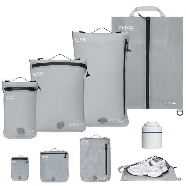ONTYZZ Vacuum Bags for Travel, Professional Reusable Organizer Bag with IPX8 Waterproof Zipper, Durable Seal Space Saver and ShoseBags for Traveling Essentials, Grey (4 Set With Pump)