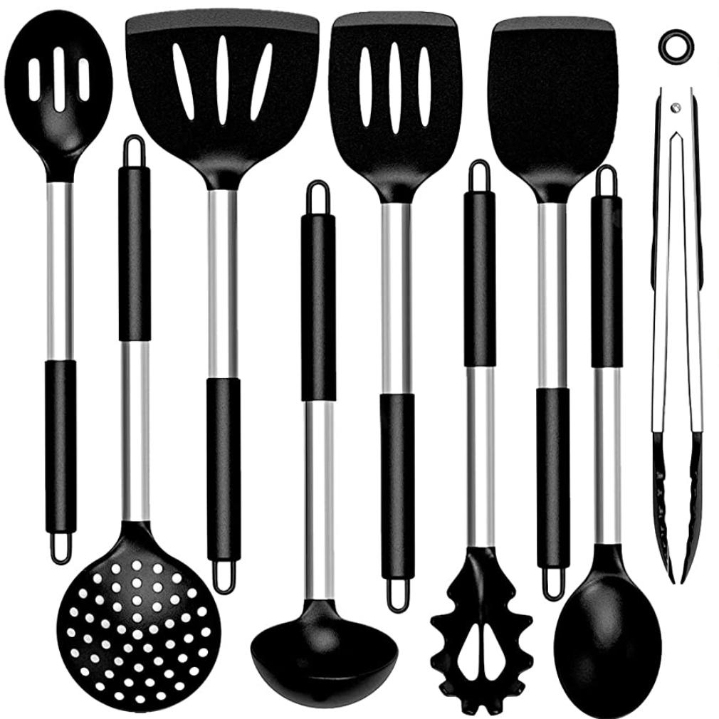 Orblue Silicone Cooking Utensil Set, 14-Piece Kitchen Utensils with Holder,  Safe Food-Grade Silicone Heads and Stainless Steel Handles with Heat-Proof