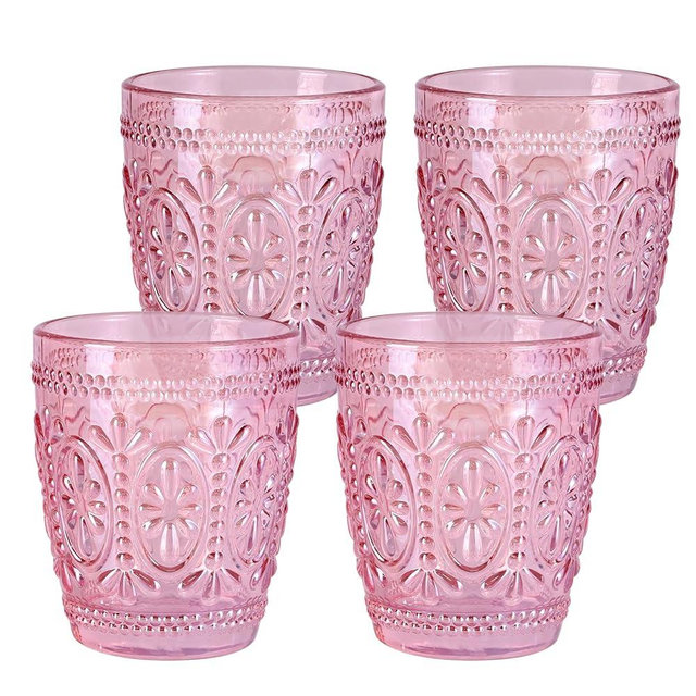 abrwyy 4Pcs Pink Glassware, Drinking Beverage Glass Cup, Vintage Drinking Glasses, Colored Glassware Set for Party Wedding Home Office Gift