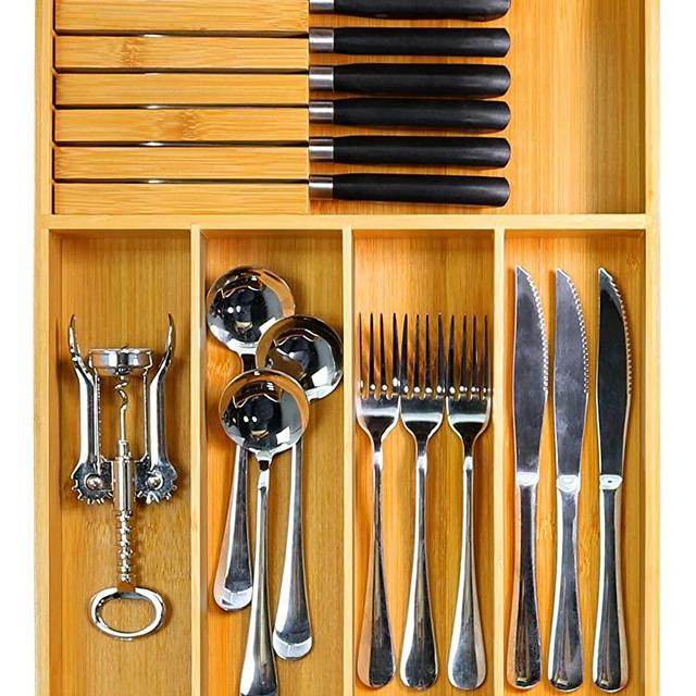Bamboo Silverware Organizer, Utensil Holder for Drawer, Wooden Cutlery Tray with Divider for Kitchen, Flatware Storage and Removable Knife Block, 13 x 17 in