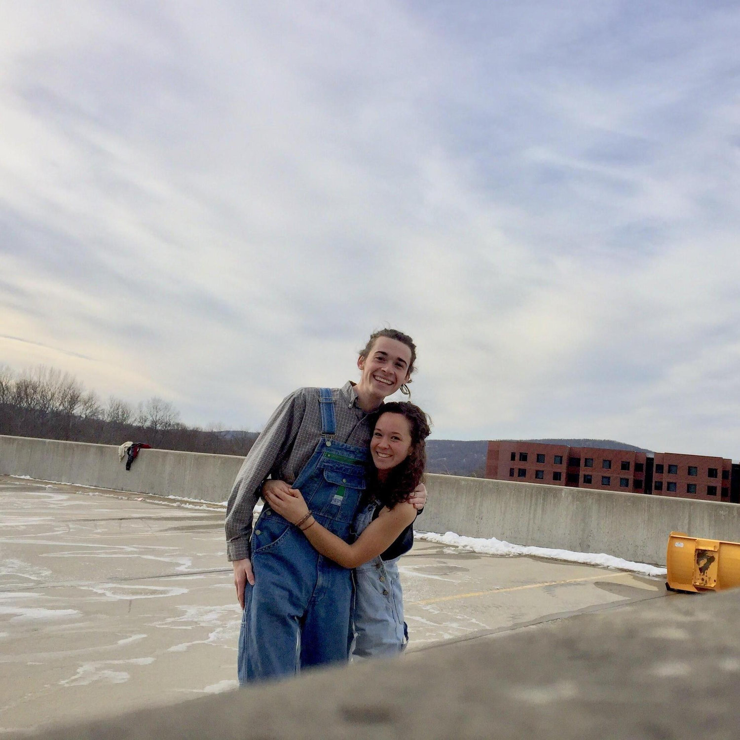 Our first roller blading adventure on the top row of Ramapo’s parking garage in overalls :)