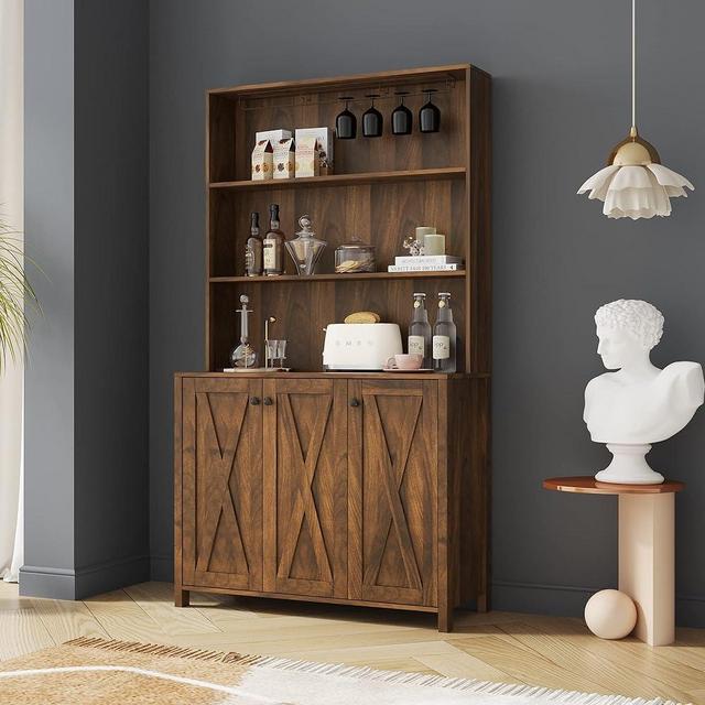 Large Kitchen Pantry Storage Cabinet with Doors & Open Shelves, Modern Kitchen Hutch Storage Cabinet, - Freestanding Sideboard Buffet Cabinet with Wine Rack for Living Room and Dining Room, Walnut