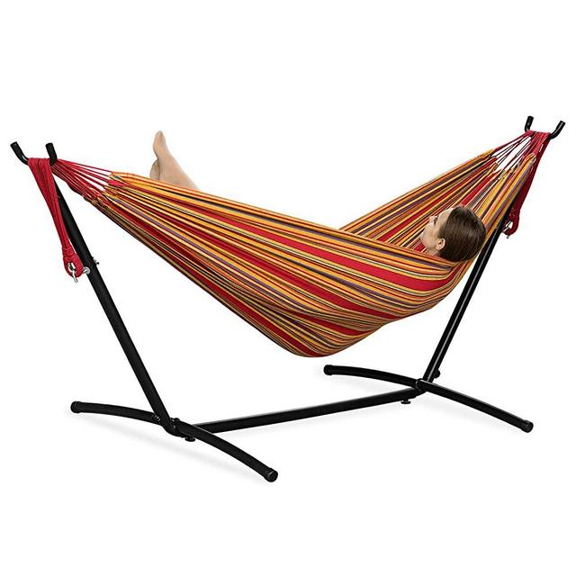 PNAEUT 2-Person Hammock with Space Saving Steel Stand Garden Yard Outdoor 450lb Capacity Double Hammocks and Portable Carrying Bag (Red)