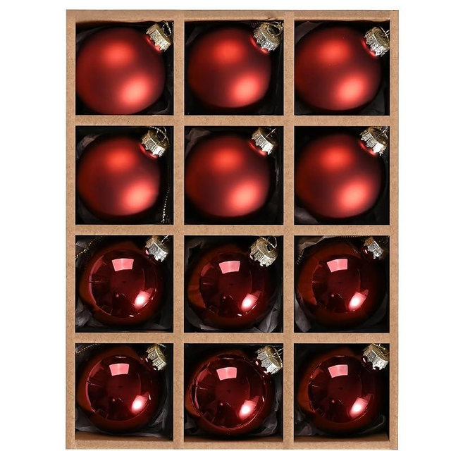 WDS WONDROUS Glass Christmas Hanging Ball Ornaments, Set of 12 Decorative Balls for Xmas Tree Decoration, Shiny and Matte Deep Red Christmas Ornaments