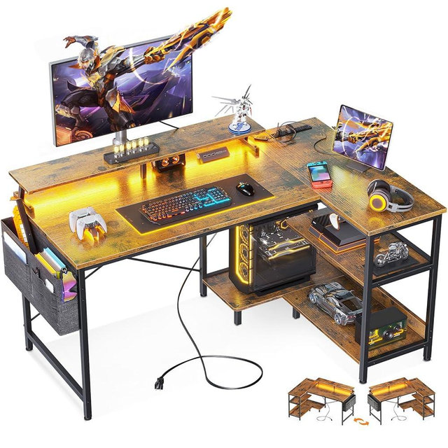 ODK 48 Inch Gaming Desk with USB Charging Ports and LED Lights, Reversible L Shaped Computer Desk with Storage Shelves & Monitor Stand, Corner Home Office Desk Table with Power Outlets, Vintage