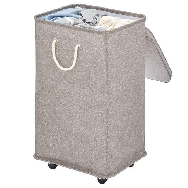 mDesign Large Polyester Rolling Laundry Hamper with Wheels, Removable Lid, and Rope Carrying Handles - Collapsible Hampers with Wheels for Compact Storage - Tall Single Compartment Basket - Taupe