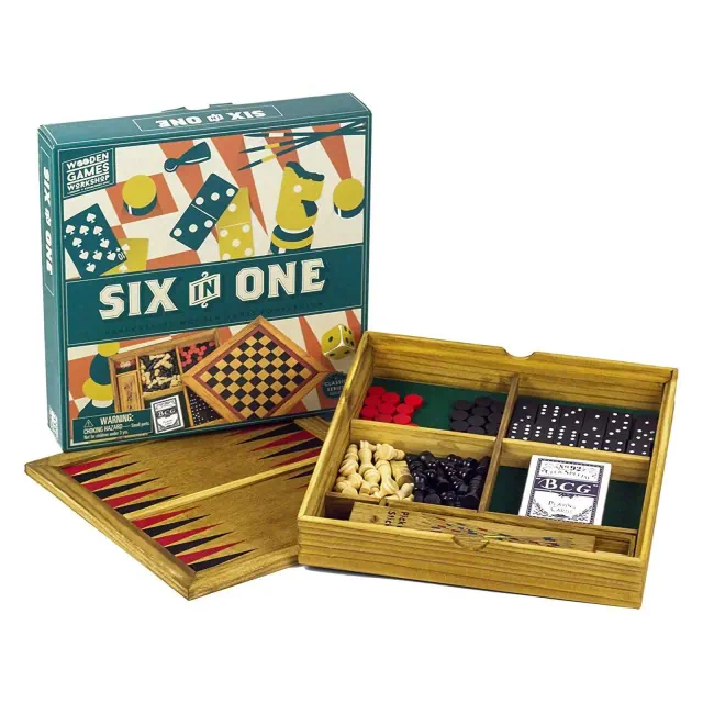 Professor Puzzle Wooden Games Portable Six in One Combination Game Set Compendium
