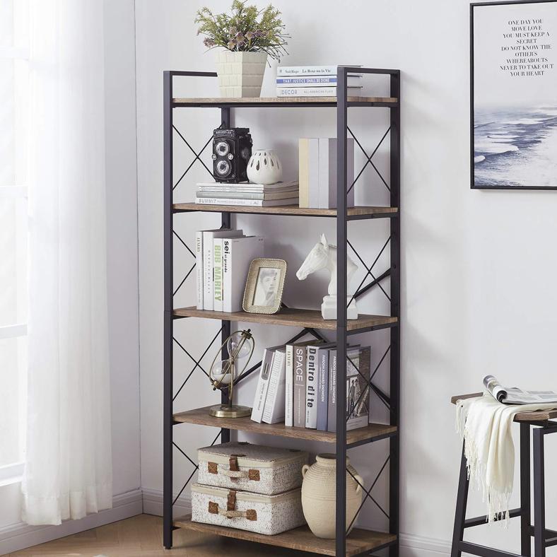 OIAHOMY Industrial Bookshelf，5-Tier Vintage Bookcase and Bookshelves，Rustic Wood and Metal Shelving Unit，Display Rack and Storage Organizer for Living Room, Brown Oak
