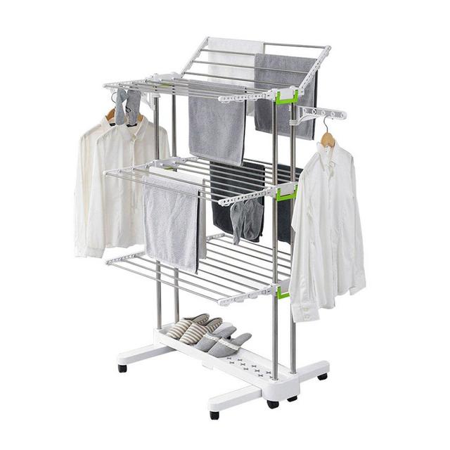 Newerlives BR505 3-tier Collapsible Clothes Drying Rack with Casters, Stainless Steel Hanging Rods, Indoor & Outdoor Use