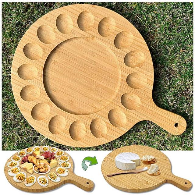 16 Slots Deviled Egg Platter 17" x 13" Reversible Deviled Egg Tray and Charcuterie Board Deviled Egg Container with handle Bamboo Deviled Egg Holder Pie Carrier Serving Plate for Fruits, Veggie, Snack