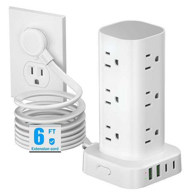 Flat Plug Power Strip Tower Surge Protector, 6FT Flat Extension Cord with Multiple Outlets, 12 AC Outlets, 4 USB Ports (2 USB C) Charging Station for Office Home Dorm Room Travel (White)