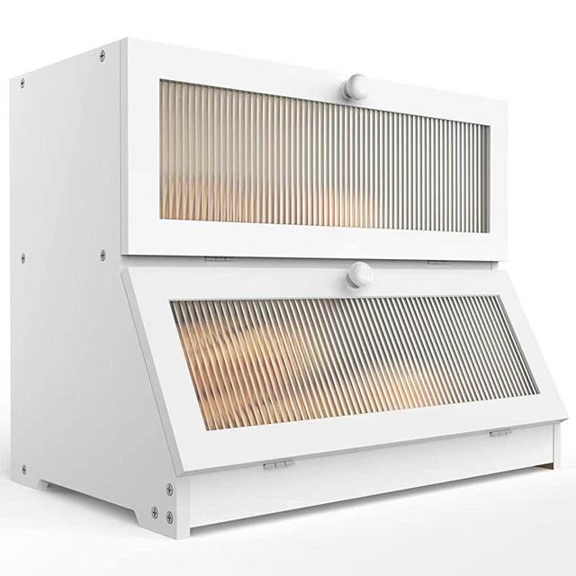 LOHASOK Double Layer Bamboo Bread Box for Kitchen Counter-Large Capacity Bread Storage Container Farmhouse Bread Box with Window Bread Holder (White)