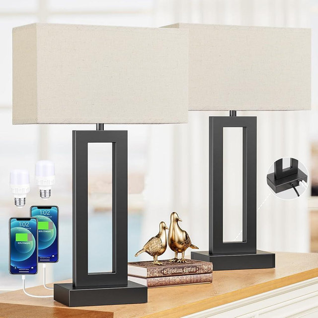 22" Tall Living Room Lamps for Night Stands - Touch Bedside Lamp with USB C+A, 3 Way Dimmable Bedroom Lamps for End Tables Set of 2, Modern Night Stand Lamps for Bed Side(Beige&Black)