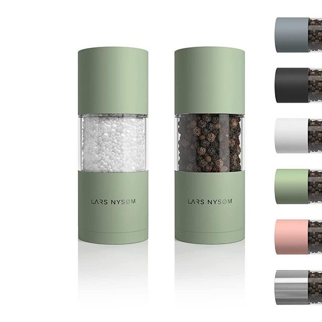 LARS NYSØM Stainless Steel Salt and Pepper Mills Set with Adjustable Ceramic Grinder 2 pieces I Design Spice Mills Set Manual (Set of 2, Sage)